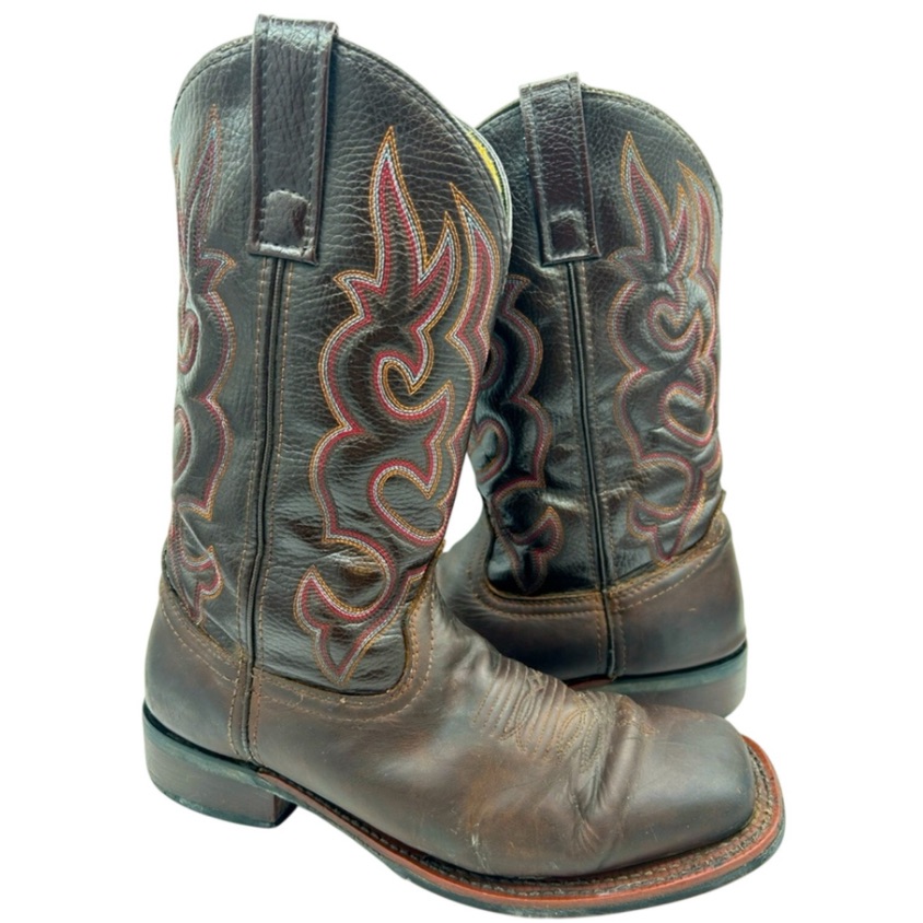 Laredo Brown Leather Boots With Red Stitching Square Toe Western Cowboy Men’s 8